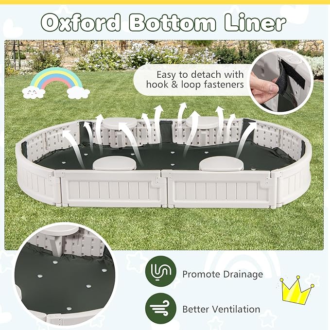 Costzon Kids Sandbox with Cover, Detachable Built-in Seating, Bottom Liner, Weather Resistant Outdoor Sandbox Kit, Child Outdoor Sand Pit for Backyard Lawn Garden Beach (Elliptical, White)