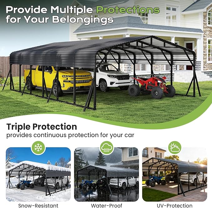 20x30FT Metal Carport, Heavy Duty Car Garage w/Reinforced Support Rods and Windproof Ground Anchors, All-Weather Multi-Use Outdoor Shelter for 2-4 Car, Boats and Truck