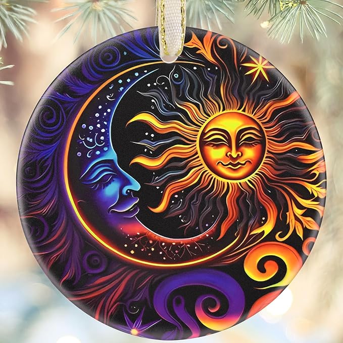 Christmas Ornaments, 3.5 Inch Ceramic Sun and Moon Hanging Ornament, Christmas Tree Ornaments, Gifts for Neighbor, Xmas Gifts, Unique Gift Idea, Perfect for Holiday Party, Tree, Window, Wall Decor