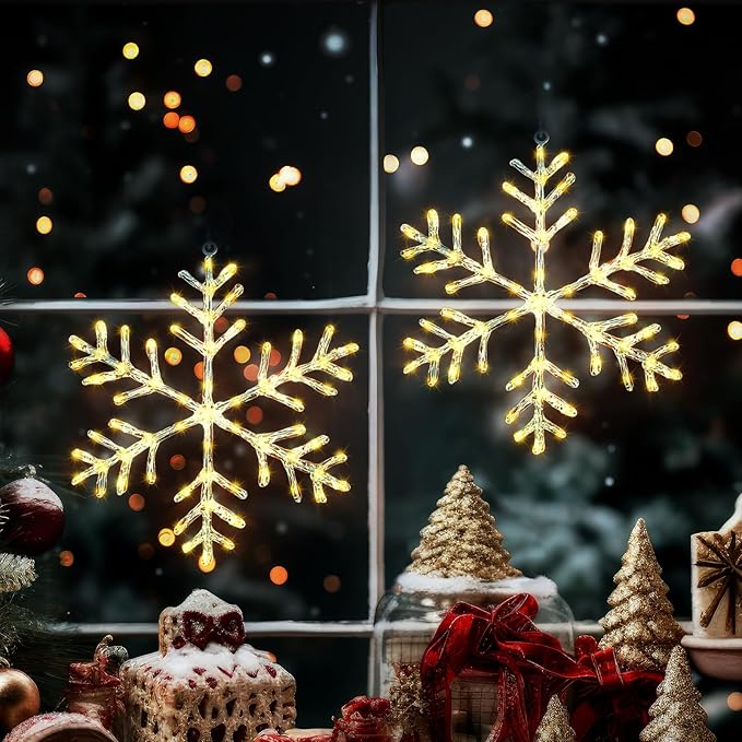 Christmas Decorations, 2 Pack Christmas Window Lights Snowflake Decorations, Snowflake Lights with 8 Lighting Modes for Holiday Indoor and Outdoor Wall Door Glass Decoration(Warm White)