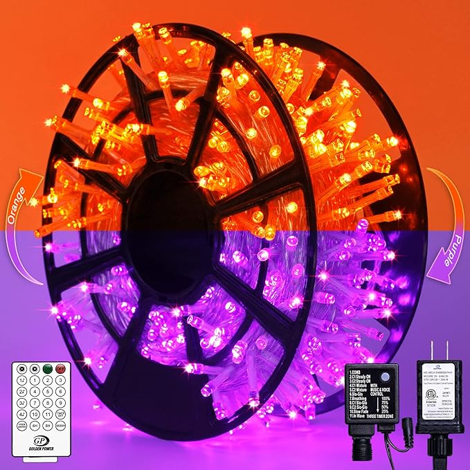 JMEXSUSS Halloween Lights, 8 Modes Waterproof Orange and Purple Light Outdoor Plug in, Clear Wire Halloween String Lights Indoor Bedroom 500 LED Orange and Purple 163 FT