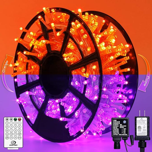 JMEXSUSS Halloween Lights, 8 Modes Waterproof Orange and Purple Light Outdoor Plug in, Clear Wire Halloween String Lights Indoor Bedroom 500 LED Orange and Purple 163 FT