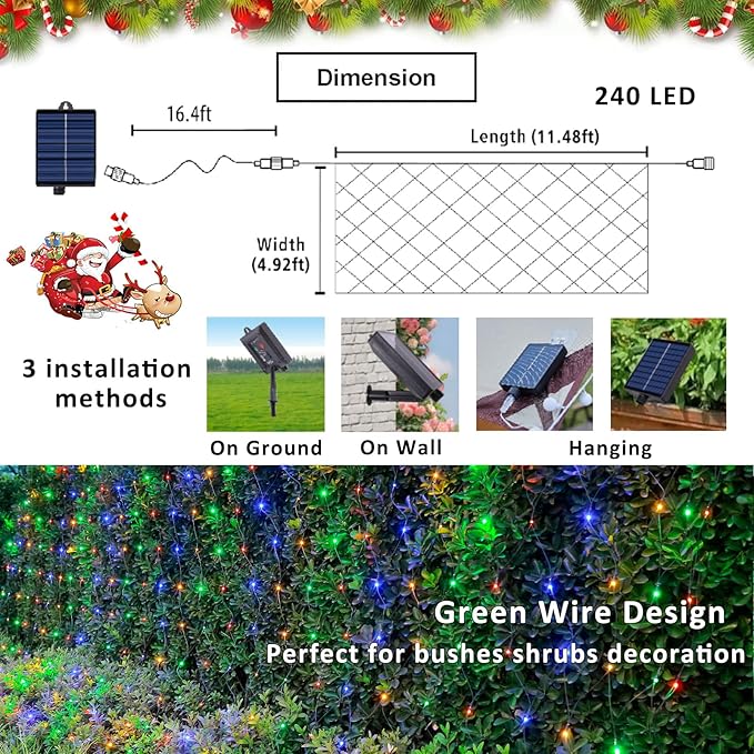 11.5ft x 5ft Solar Net Lights Outdoor, Solar & USB 2 Power Way 240 LED Waterproof Mesh Lights for Bushes, Remote Control 8 Modes String Light Trees Patio Garden Christmas Indoor Decor (Multicolor)