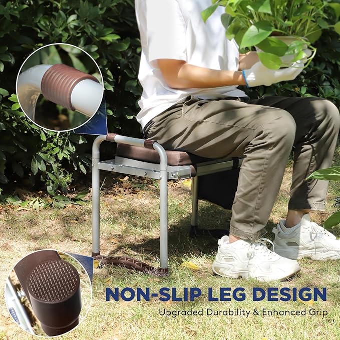 Foldable Garden Kneeler and Seat, Heavy Duty Garden Stool with 10 Wide Detachable Kneeling Pad, Portable Garden Bench Chair with Large Garden Tool Bag, Gardening Gifts for Women, Seniors, Mom