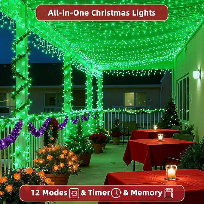 300 LED Outdoor Christmas Lights 75ft, 12 Lighting Modes Indoor String Lights Dimmable & Timer Memory, Outsite Waterproof Tree Lights for Xmas Room Garden Wedding Party Holiday Decorations Green
