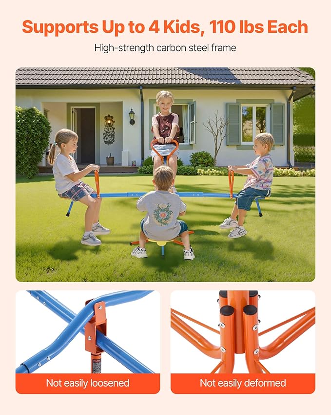 VEVOR Seesaw Teeter Totter for Kids, 110 lbs Load Capacity per Seat, Sit and Spin Teeter Totter with 4-prong Support Legs, Playground Equipment with Swiveling 360 Degrees Rotating for Aged 3+, 4 Seats