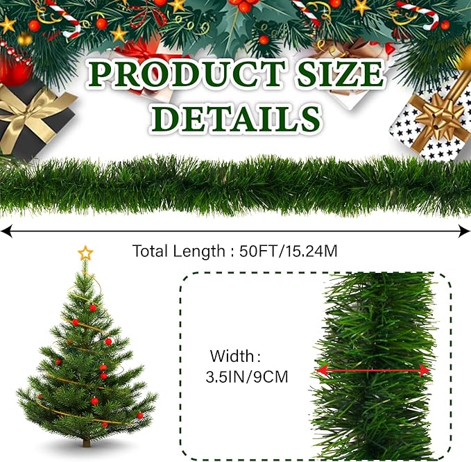 4Pcs 50FT Green Christmas Garland Decorations, Christmas Artificial Pine Greenery Garland Outdoor Indoor Decor, Straight Faux PVC Soft Garland for Stairs Railing Fireplace Window Christmas Decor