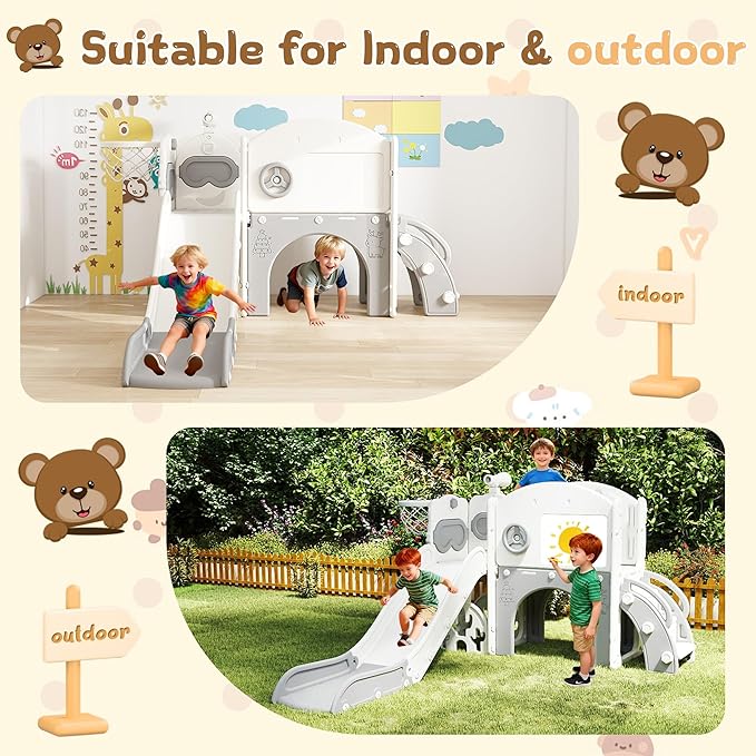 10-in-1 Toddler Slide Playset,Indoor Playground for Kids 1-3 and Toddler Outdoor playset with Golf Set, Basketball Hoop, Climbing Frame, Drawing Board and Steering Wheel, Gray & White