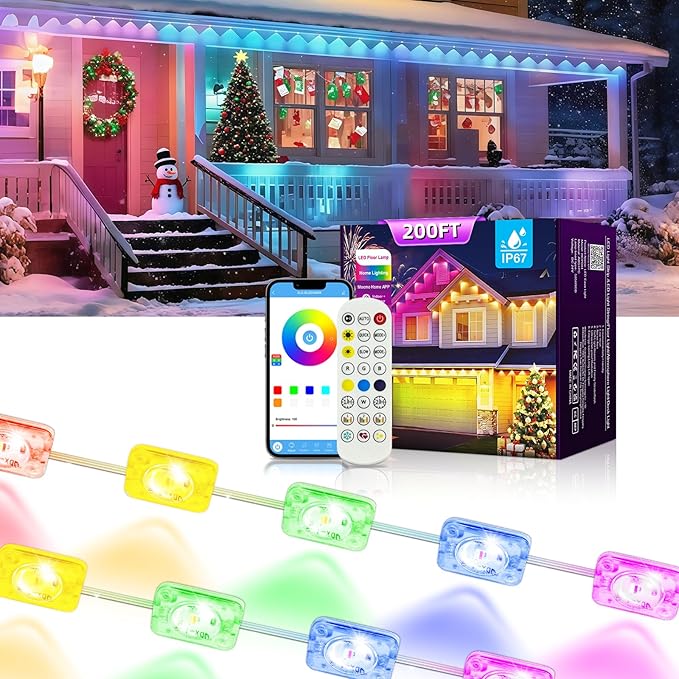 Permanent Outdoor RGB Lights with IP67 Waterproof, Smart Outdoor String Lights Remote Control, Eaves Lights with App, Daily and Accent Lighting for Halloween,Christmas Holiday Decor(200ft)
