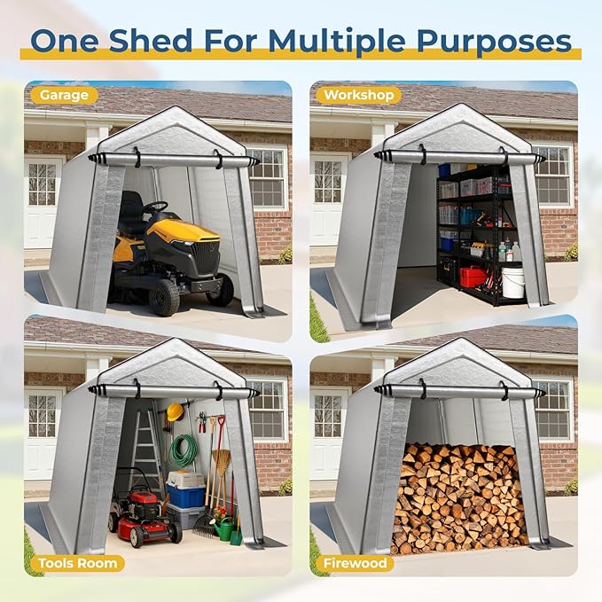 7 x 10 FT Carport, Portable Shed w/220G Heavy Duty Waterproof PE Tarp, Roll-up Zipper Door & Vent, Weather-Resistant Storage Shed for Motorcycle, Bike and Tools, Gray