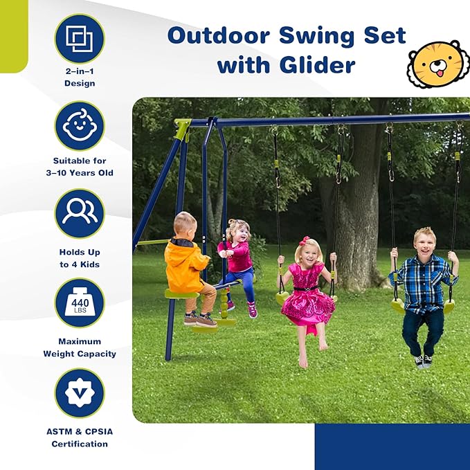 GLACER Metal A-Frame Swing Set, Heavy Duty Steel Playset for Kids w/ 2 Swings & 2-Person Glider, 440 LBS Swing Set for Kids Aged 3-10 Years Old, Multi-Purpose Play Set for Backyard, Garden, Park