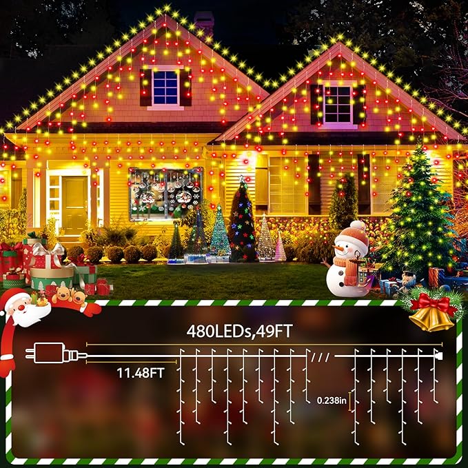 49ft 480LED Outdoor Waterproof String Lights with 8 Modes Timer - Curtain Lights for Outdoor House, Wedding, Holiday & Christmas Decorations - Red & Warm White
