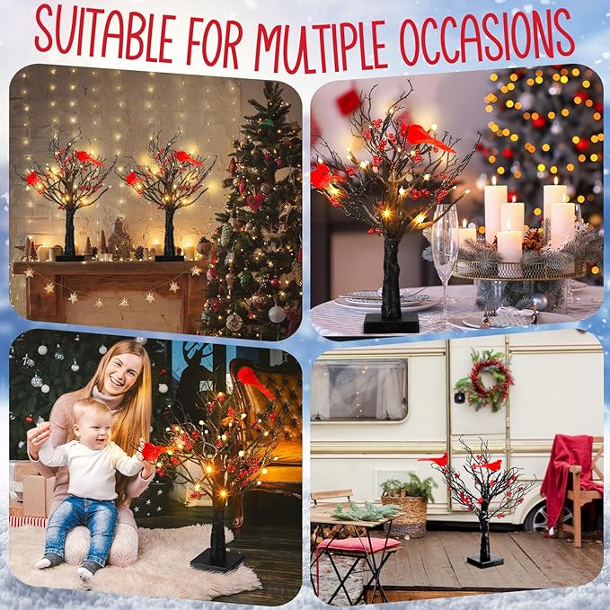 Realspring 2 Pcs Vintage Glowing Tree with Cardinals Lighted Mini Birch Tree 24 LED Cardinal Little Red Bird Table Decoration for Tabletop Centerpiece Xmas Indoor Home Decor, Operated by Battery