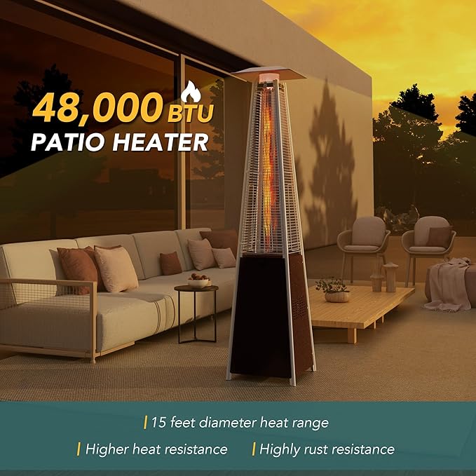 Pamapic Patio Heater, 48,000 BTU Pyramid Flame Outdoor Heater with Cover, Quartz Glass Tube, 87 Hammered Bronze Tower Propane Outdoor Heater with Wheels