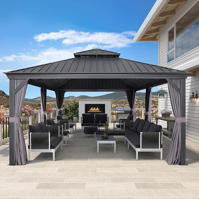 PURPLE LEAF 12' X 24' Large Gazebo with Galvanized Steel Double Roof Outdoor Patio Gazebo for Lawn and Garden Grey