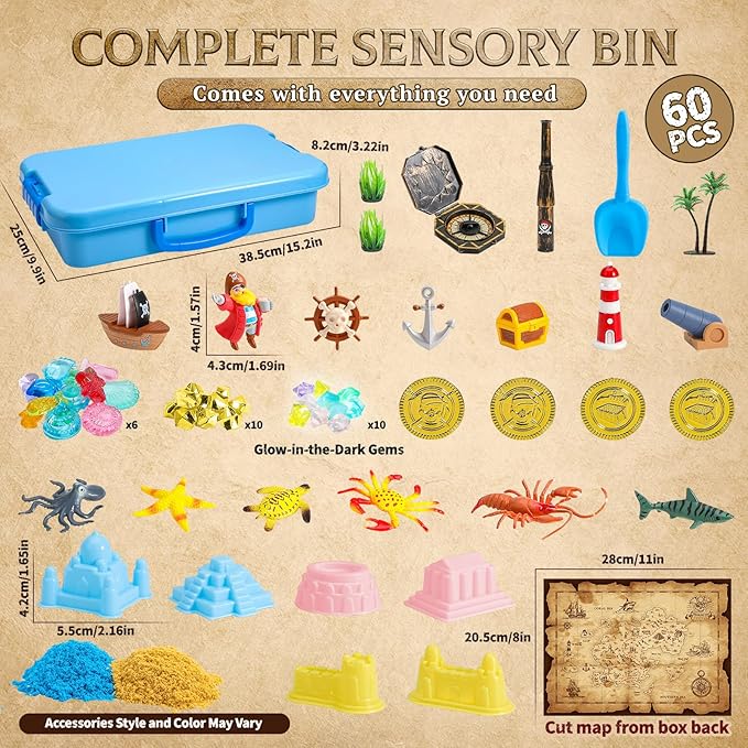 Pirate Treasure Chest Sensory Bin,Play Sand Kit for Boys with Pirate Accessories,2.2lbs Sand,Glow in The Dark Gems and Map,Pretend Play Adventure Sensory Toys for Toddlers Kids Ages 3 4 5 6 7 8