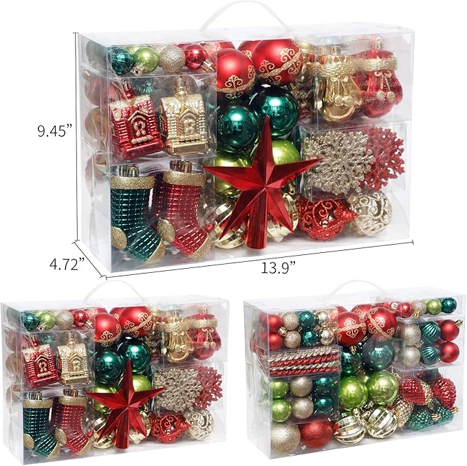 ROSELEAF 132pcs Christmas Tree Decoration Set - Red, Green & Gold Shatterproof Hanging Ornaments - Folk Art Style - Christmas, Wedding, Anniversary