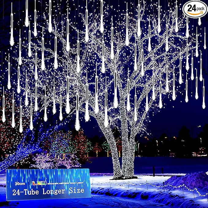 Kwaiffeo Christmas Lights Outdoor, 24 Tubes(Equivalent to 3 Sets of 8-Tubes) Meteor Shower Light Snow Falling Icicle Lights for Xmas Tree Halloween Decoration Wedding Party Window, UL Plug, White