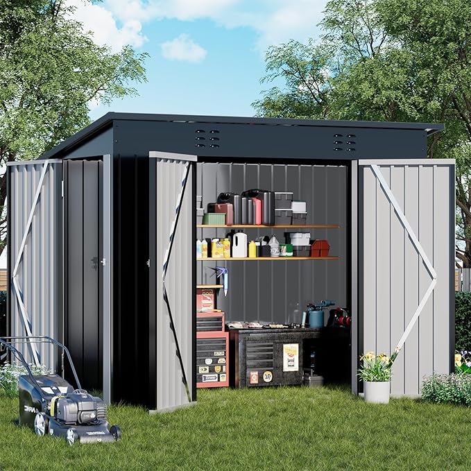 COMHOMA Shed Outdoor Storage Shed Metal,Lockable Doors Tool Sheds with Sloping Roof,Steel Garden Shed with Air Vent for Backyard,Patio,Lawn,Poolside (Grey, 8'*4')