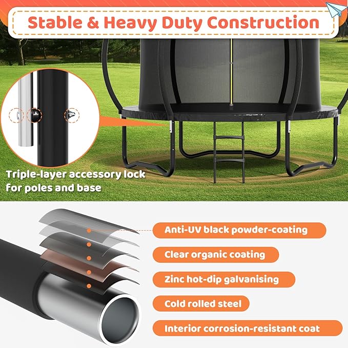 8FT 10FT 12FT 14FT 16FT Trampoline Outdoor, Trampolines for Kids & Adults, Pumpkin Trampolines with Safety Net, Ladder, Coating Metal Frame, ASTM Approved Large Backyard Trampoline for Kids