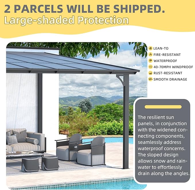 U-MAX Outdoor Pergola 12' x 12' Gazebo, Large Wall-Mounted Lean to Metal Awnings for Patio, Large Panel Roof Gazebos on Clearance for Outdoor Use