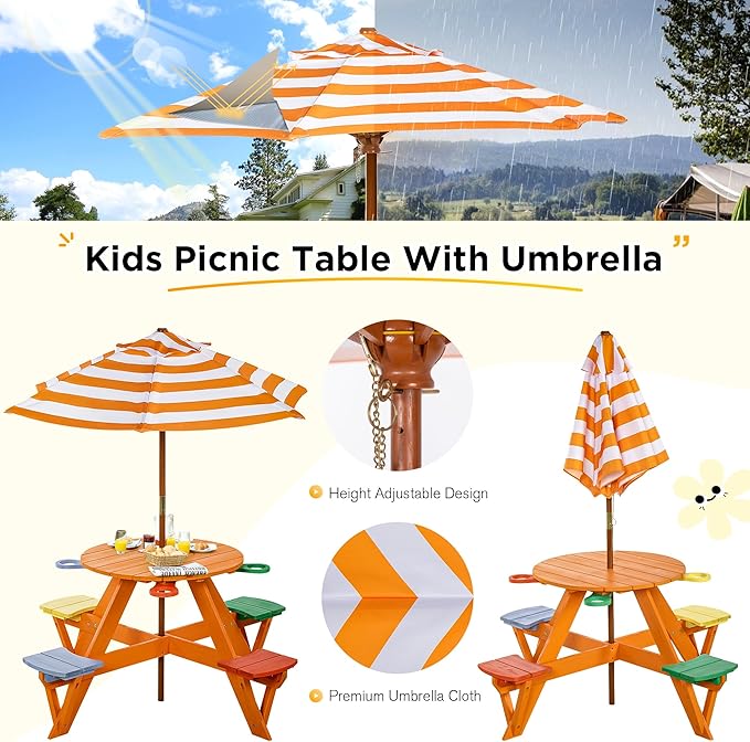 Kids Picnic Table & Stool Set, Outdoor Wood Round Table & 4 Bench, Toddler Picnic Table Set w/Height Adjustable Umbrella, Children Activity Table w/Cup Holders for Patio, Garden, Backyard