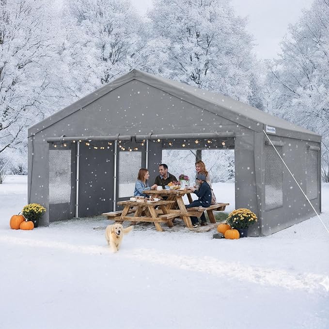 Quictent 20x20 ft Heavy Duty 2 Car Carports with Side Zipper Doors & Snowproof Steel Cables & Ventilated Windows, Waterproof Storage Shelter for Car, Boat, Outdoor Equipment, Gray