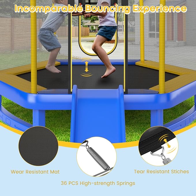 Goplus 7 FT Kids Trampoline with Slide, 87¡± ASTM Approved Toddler Trampoline with Galvanized Steel Frame & Safety Enclosure Net, Ladder, Indoor Outdoor Recreational Rebounder for Kids