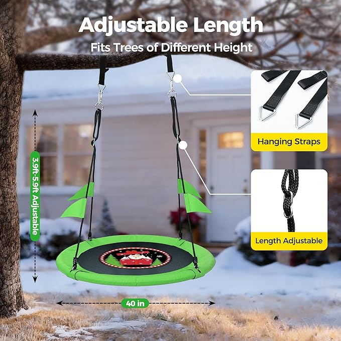 PACEARTH 40 Inch Flying Saucer Tree Swing, 900lb Weight Capacity, Sturdy Outdoor Swing Set with 2 Tree Straps, Safe and Durable Swing Seat for Children, DIY Package, Christmas Color Palette, Green