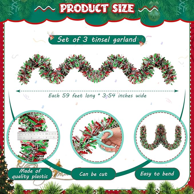 177 Feet Christmas Tinsel Garland Metallic Shiny Hanging Christmas Tree Tinsel Garland Ornaments for Indoor Outdoor Party Wedding Holiday(Red Green Silver)