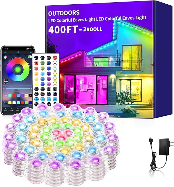 400ft Permanent Outdoor Light, RGB Smart Outdoor eave Lights with APP & Remote Control,timed Music synchronisation IP67 Waterproof LED eave Light,Suitable for Party,Halloween,Christmas,Rooftop,Garden