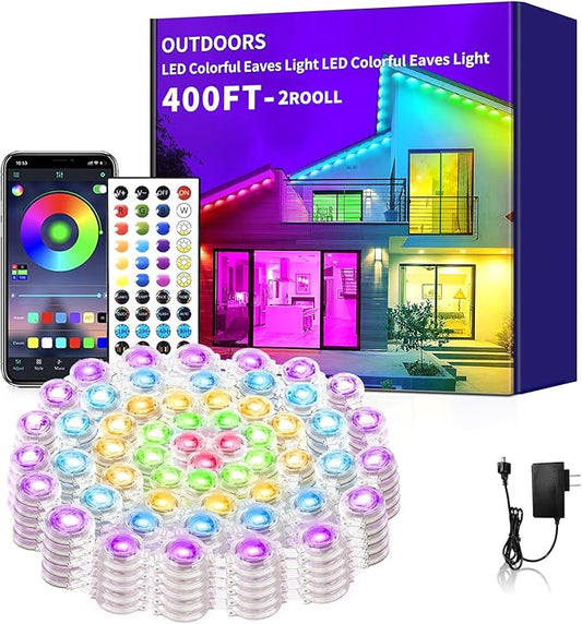 Permanent Outdoor Lights 400ft,RGB Eaves Light,IP67 Waterproof Year Round Outdoor Lights,Decorative House Light for Party,Daily,Rooftop,Garden,Patio（2 Rolls 200ft）