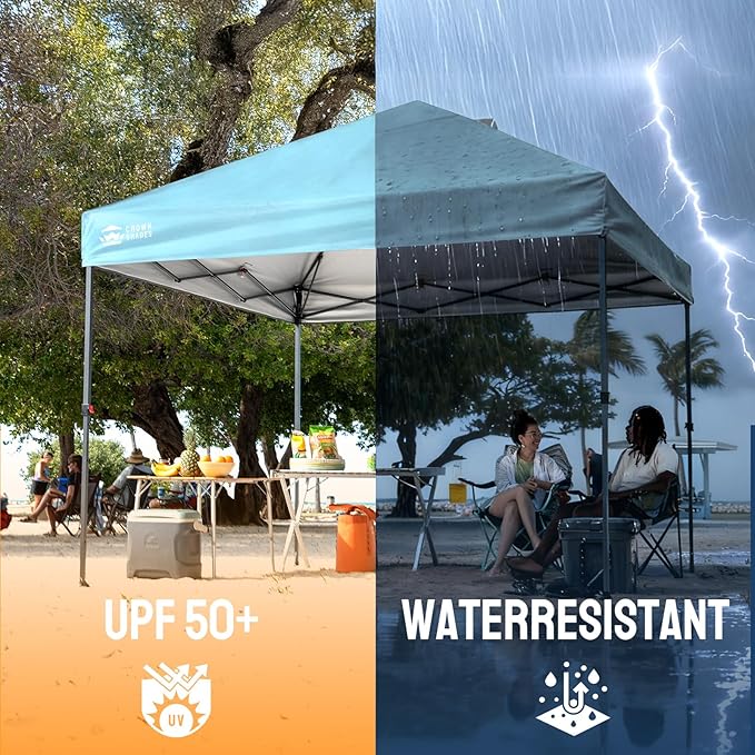 CROWN SHADES 10x10 Pop Up Canopy Tent - Patented Center Lock One Push Instant Outdoor Canopy Beach Tent with STO-N-Go Bag 8 Stakes & 4 Sand Bags，Cyan Blue