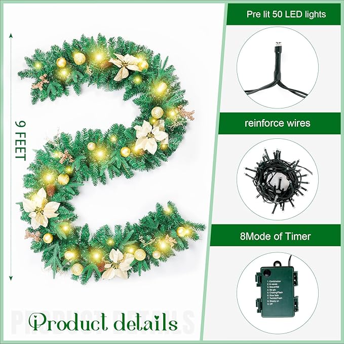 joyhalo Joyhalo 9ft Christmas Garland Decorations with Lights Battery Operated - Outdoor Prelit Christmas Garland for Mantle, Lighted Christmas Garland Indoor for Stairs Railing Fireplace, Gold