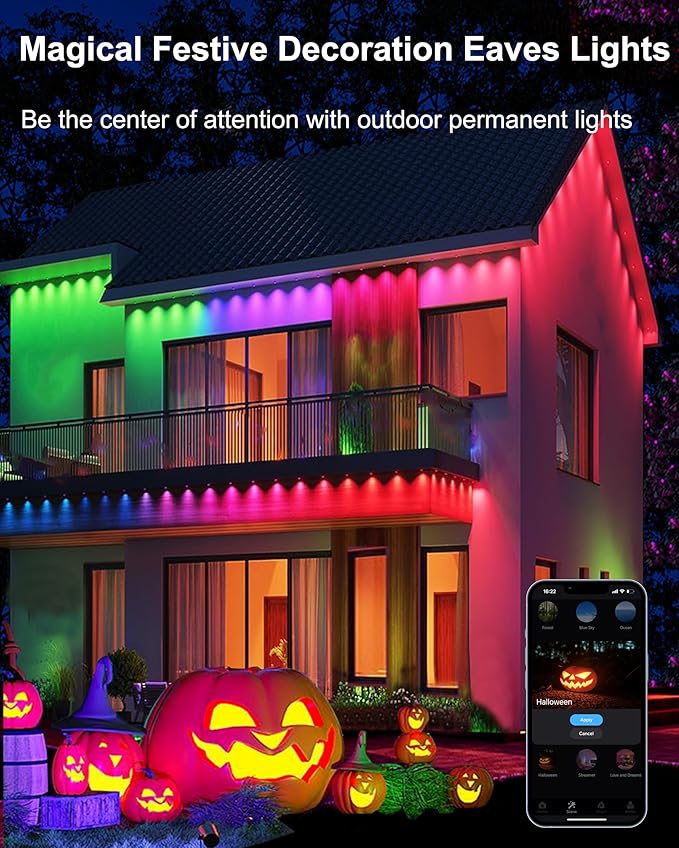 100ft Permanent Outdoor Smart Lights Pro with 60 RGBCW+IC LEDs & WiFi/Alexa Control, IP68 Waterproof Christmas Lights Outdoor Year-Round Lighting 108 Scene Modes for Daily, Halloween Décor