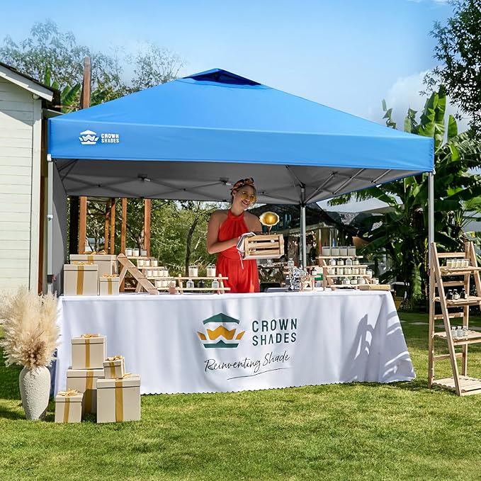 CROWN SHADES 12x12 Pop Up Canopy Tent Instant Commercial with 150D Silver Coated Fabric Including 1 Removable Sidewall, 4 Ropes, 8 Stakes, Weight Bags, STO 'N Go Bag, Blue