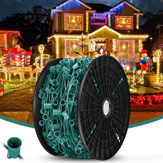 BesLowe Commercial 500 FT C9 Cut to Length Christmas Lights Outdoor, E17 Sockets Stringer Christmas Light Spool, C9 Sockets Patio String Light Strands, 12 Spacing Green Wire