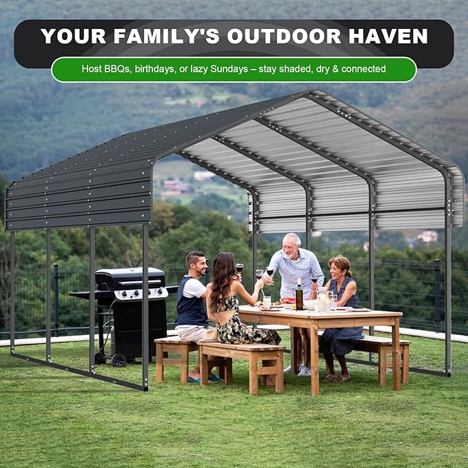 10x15 FT Metal Carport, Outdoor Garage Car Shelter Shade with Galvanized Metal Roof, Heavy Duty Car Port for Car, Truck and Boats, Dark Gray