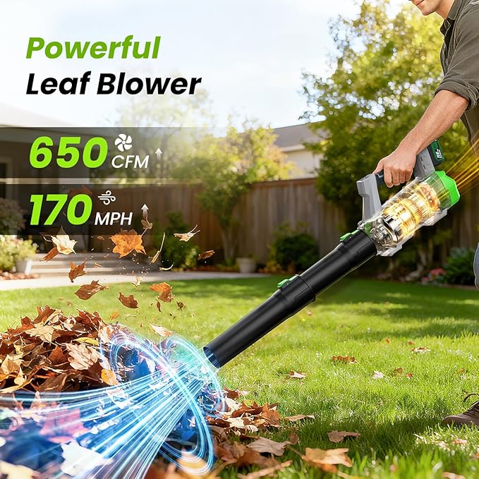 Leaf Blower Cordless 650CFM/170MPH with 2¡¿4000mAh Batteries and Charger, PATOOLIO 5 Speed Mode Cordless Blower Handheld for Patio, Lawn Care, Snow Blowing, Leaves Blowing
