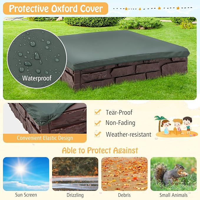 HONEY JOY Sandbox with Cover, 47 x 47 Inch Square Sand Pit for Backyard, Bottom Drainage Oxford Liner, HDPE Playful All Weather Resistant Sand Boxes for Kids Outdoor with Lid (Brown)