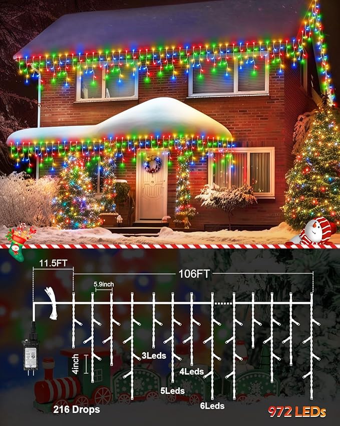 106 FT Christmas Lights Outdoor, 972 LED Waterproof Outside Christmas Lights Plug in, Connectable 8 Modes Hanging Fairy Lights with 216 Drops for House Eaves Yard Patio Decoration, Multicolor