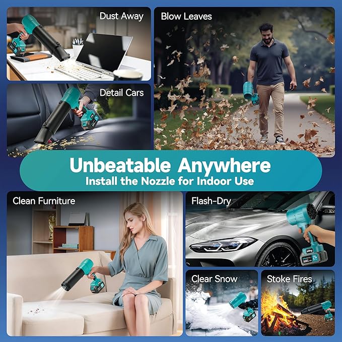 Cordless Leaf Blower, Premium Handheld Leaf Blower + 3 Nozzles and 2 Batteries with Level Indicator, Stepless Speed Control, Blowers for Lawn Care, Patio Cleaning and Dust