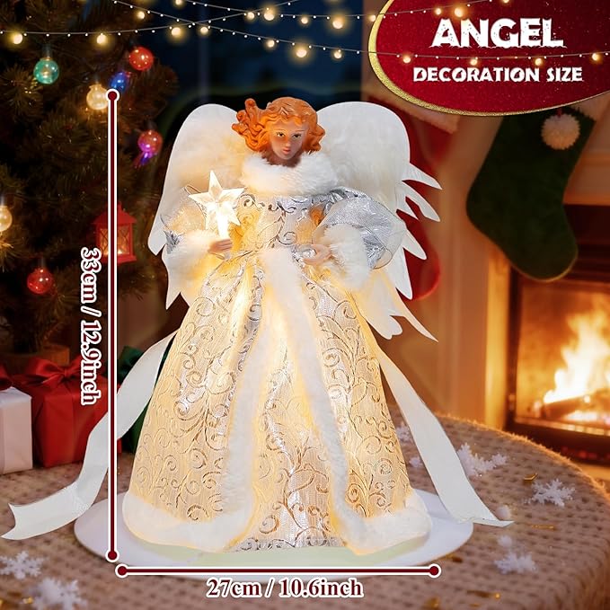 Christmas Tree Topper Angel – 12" Lighted Angel Christmas Tree Topper with Lights, Xmas Tree Toppers Decorations Ornament with White Feather Wings, for Holiday Home & Christmas Decorations