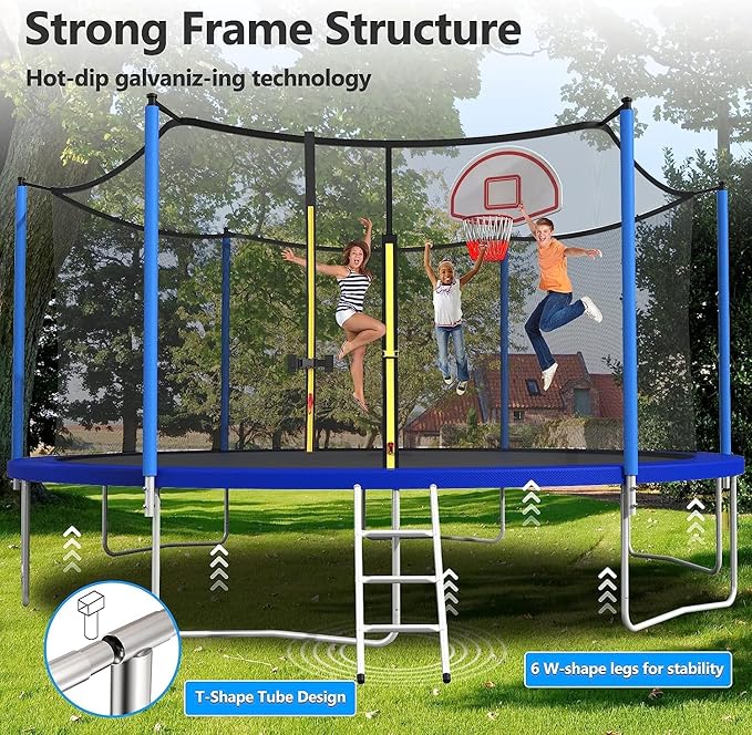Lyromix Upgraded 16FT 15FT 14FT 12FT 10FT 8FT Trampoline Outdoor with Basketball Hoop and Net, Capacity for 4-6 Kids and Adults