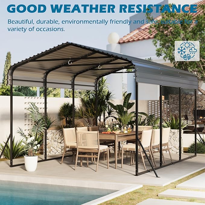 10x15 Carport Heavy Duty, Metal Carport with Galvanized Steel Roof, Metal Car Garage Multi-Use Shelter Outdoor Portable for Car, Boat, Pickup and Tractor, Black