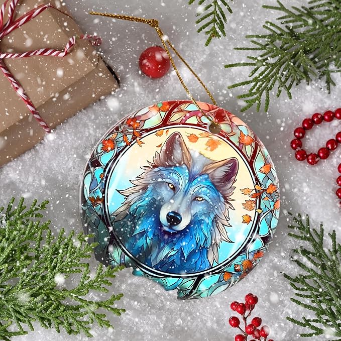 Wolf Christmas Ornament - Ceramic Wolf Ornaments for Christmas Tree Gifts - Animal Lovers Keepsake