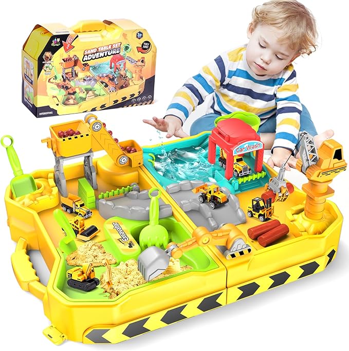 Engineering Beach Sand Set, 500g Play Sand + 4 Alloy Trucks Foldable Handbag Sandbox w/Rotating Crane & Water Area - Safe, Easy-Clean Outdoor Toy for Kids 4-12