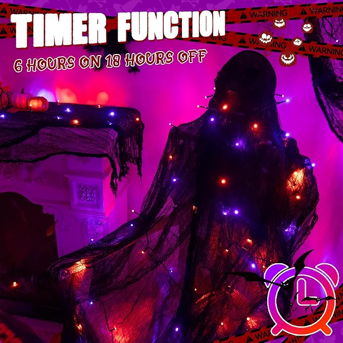 Ollny Halloween Lights Outdoor, 100 LED 33FT Orange and Purple Halloween Decorations with 8 Modes Timer, Plug in String Lights for Indoor Bedroom Home Party Outside
