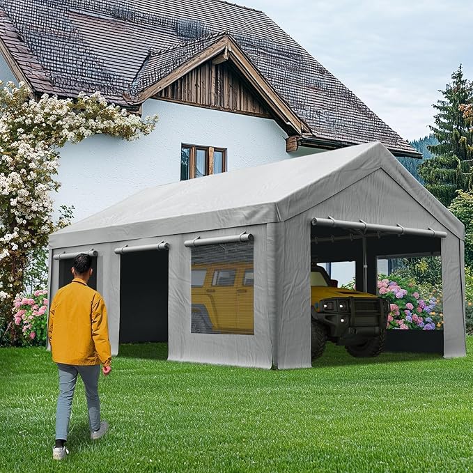 Quictent Heavy Duty 10x20 ft Carports with Side Zipper Doors & Snowproof Steel Cables & Ventilated Windows, Waterproof Storage Shelter for Car, Boat, RV, Outdoor Equipment, Gray