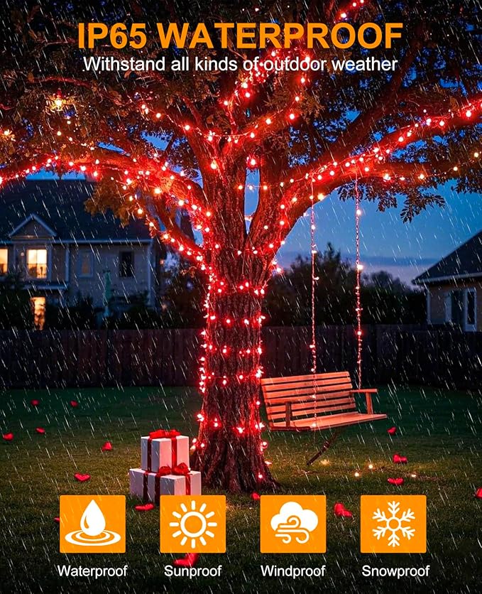 40FT 120 LED Christmas Lights Outdoor, Red Christmas String Lights for Indoor Waterproof, 8 Modes & Timer, Connectable Christmas Tree Lights for Bedroom Tree Party Decorations